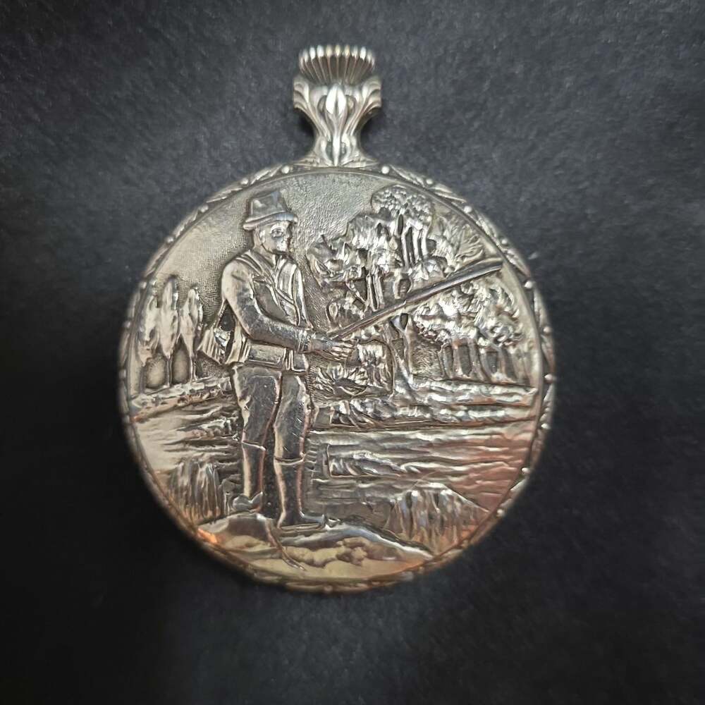 Vintage Mechanical Pocket Watch with Fisherman Scene Embossed Case